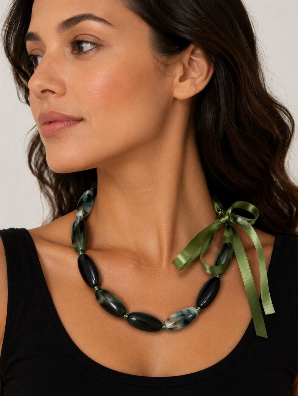 HANDMADE Moss Acrylic Marble Bead Ribbon Knotted Bow Necklace